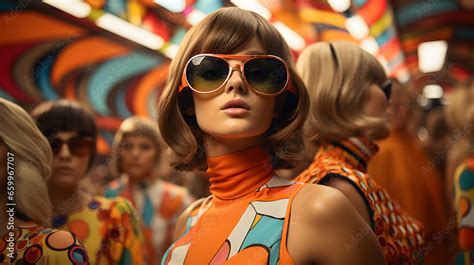 1960s Groovy Psychedelic Mod Group Or Retro Girls In Iconic Chic Style Kitch 60s Fashion And