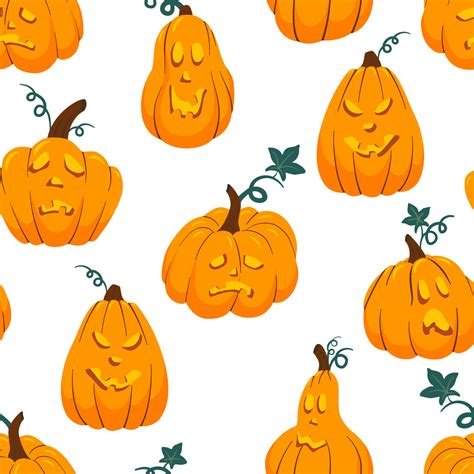 Halloween Scary Pumpkin With Smile Happy Face Seamless Pattern Orange Squash Jack O Lantern