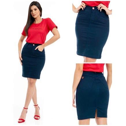 Saia Jeans Lycra Tubinho Midi Brim Secretaria Evang Lica Shopee Brasil