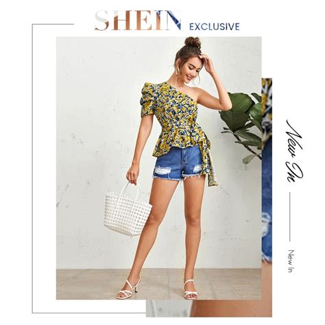 New Shein Multicolor One Shoulder Puff Sleeve Belted Floral Top Peplum