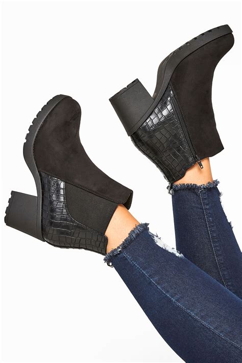 Black Faux Suede Croc Effect Heeled Chelsea Boots In Extra Wide Fit