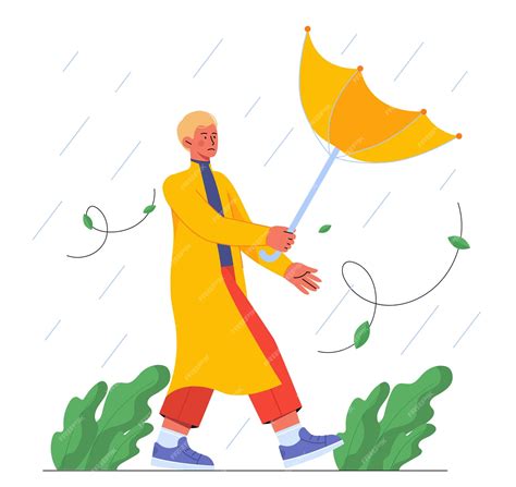 Premium Vector Man In Heavy Rain Concept Young Guy In Yellow Raincoat