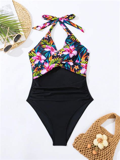 Shein Swim Lushore Summer Beach Tropical Print Ruched Halter One Piece