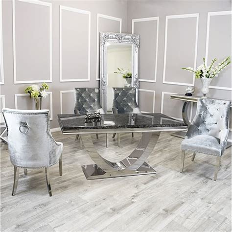 Avon Black Marble Dining Table With 6 Dessel Pewter Chairs Furniture In Fashion