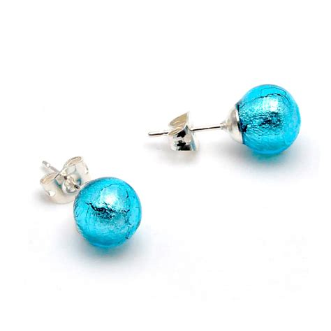 Boucles D Oreilles Clou Bleu Azur En Veritable Verre De Murano De Venise