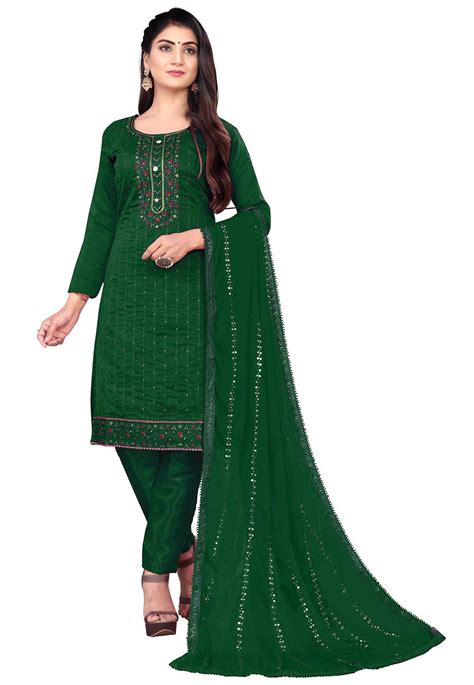 Embroidered Chanderi Cotton Pakistani Suit In Green Kvsq80