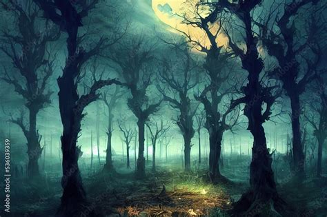 Realistic haunted spooky forest, creepy landscape at night. Fantasy ...