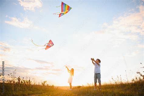 Happy children launch a kite in the field at sunset. Little boy and girl on summer vacation ...