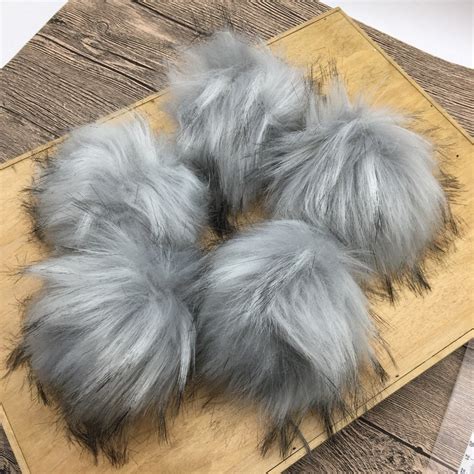 5 Pieces Natural Grey Faux Fur Pom Poms Colorful Furry Vegan Etsy