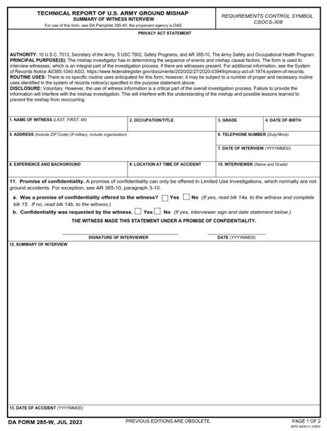 Da Form W Technical Report Of U S Army Ground Accident Summary