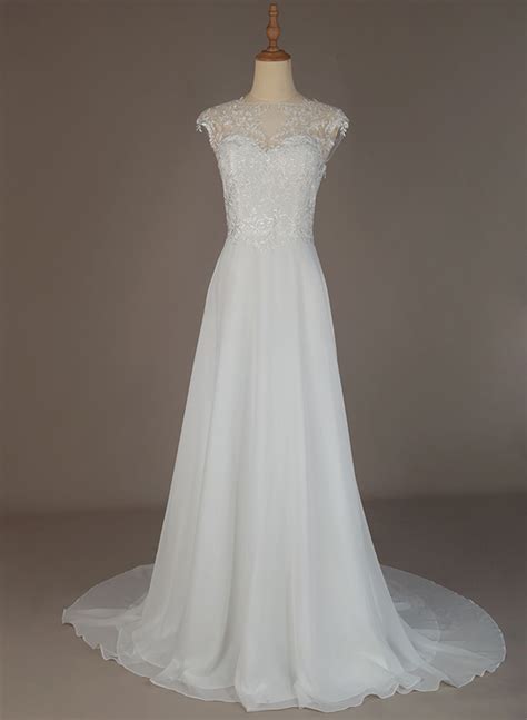 A Line High Neck Sleeveless Chiffon Sweep Train Wedding Dress With Lace