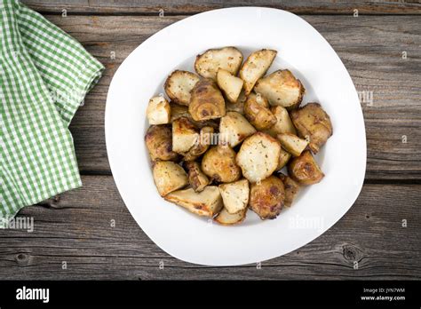 Diced Homemade Roasted Jerusalem Artichoke Sunchoke Dish Stock Photo