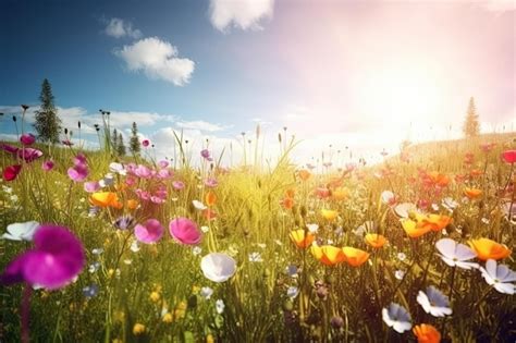 Flores V Vidas Y Brillantes En Un Campo Con Paisajes Fotorrealistas En