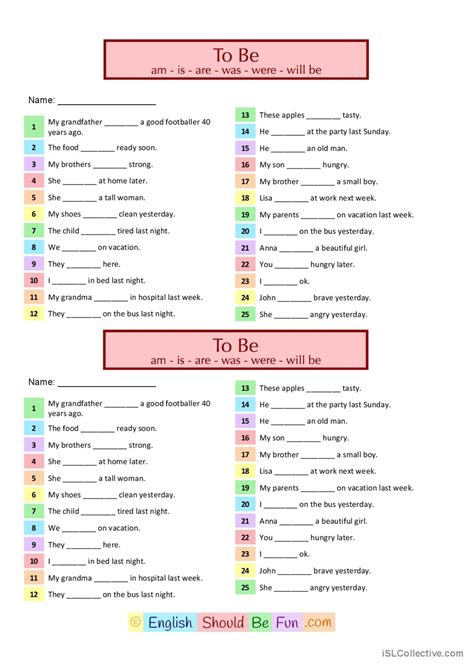 To be Simple Tenses worksheet 1 Français FLE fiches pedagogiques