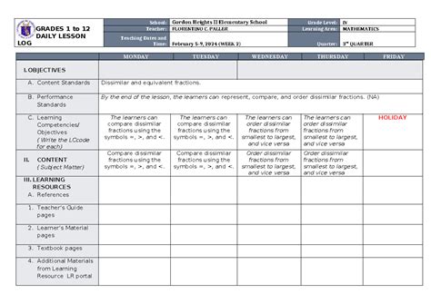 Dll Mathematics 4 Q3 W2 Matatag Grades 1 To 12 Daily Lesson Log School Gordon Heights Ii