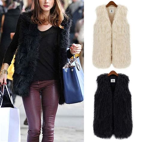 Winter Faux Fur Vest For Women V Neck Sleeveless Artificial Fur