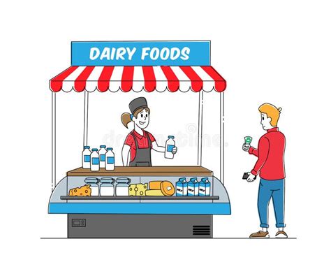 Saleswoman Character Sell Dairy Food Assortment In Kiosk Customer