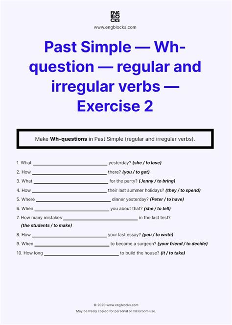 Past Simple Wh Question Regular And Irregular Verbs Exercise 1 With