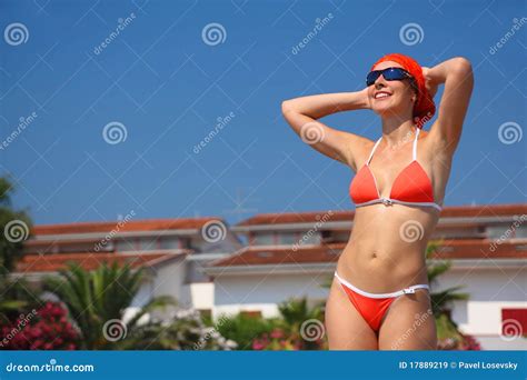 Woman In Swimsuit Stands On Beach Stock Image Image Of Italy Body