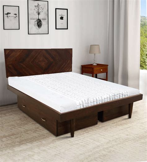 Buy Square Diamond Queen Size Bed With Drawer Storage In Walnut Finish