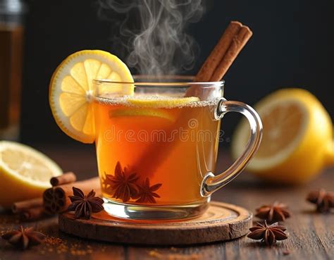 Hot Toddy Beverage With Lemon Slice Cinnamon Stick Star Anise In Glass