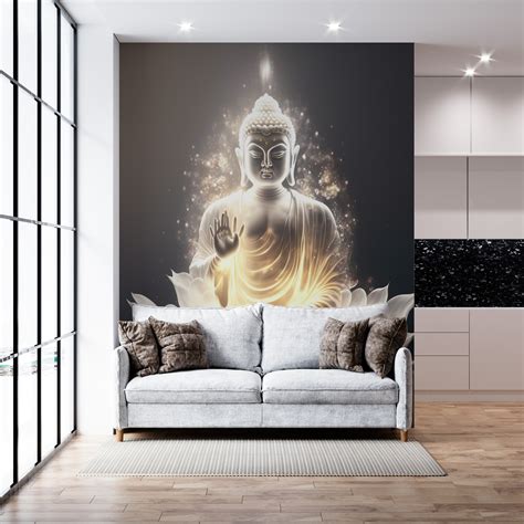 White Buddha Wall Mural For Living Room Buddha Wallpaper Etsy