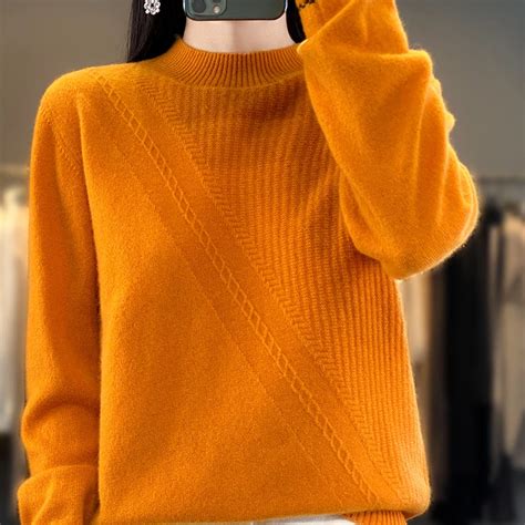 Half High Collar Pullover Women S Pure Wool Knitted Sweater Vintage Loose Striped Underlay 2023