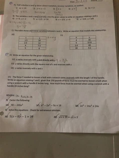 Solved Date E Period A Tell Whether X And Y Show Direct