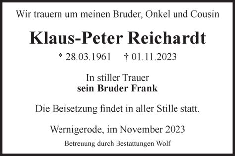 Traueranzeigen Von Klaus Peter Reichardt Abschied Nehmen De