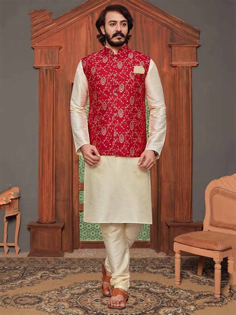 Art Silk Readymade Kurta Pajama Jacket Red Cream Colour