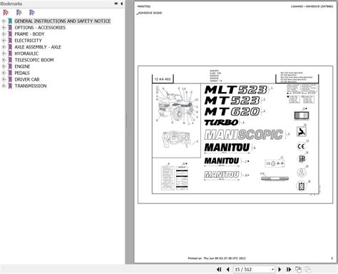 Manitou Telehandler MLT 523 TURBO SB E2 Parts Catalog 547896 Auto