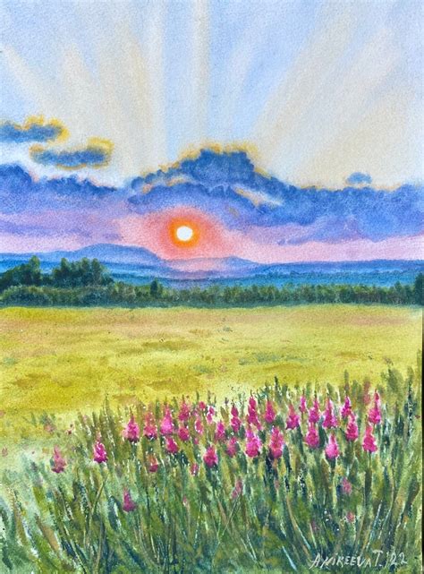 Watercolor Landscape sunset. Handmade. Watercolor Painting 2022 - Etsy