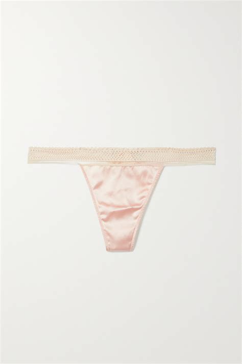 Kiki De Montparnasse Sylvie Lace And Tulle Trimmed Stretch Silk Satin Thong In Pink Modesens