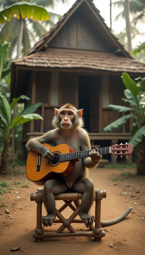 Monkey Plays Guitar In Rural Cambodia Stable Diffusion Online