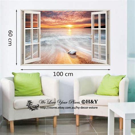 Beach Under Sunset 3D Window View Removable Wall Art Sticker Decal Home