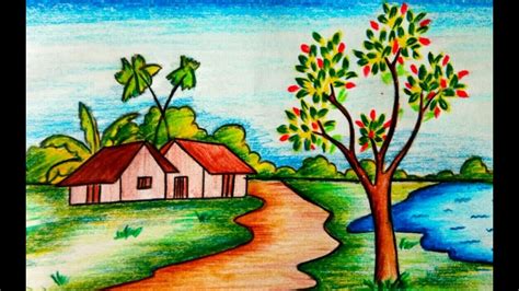 Oil Pastel Village Scene Drawing How To Draw Easy Scenery Drawing