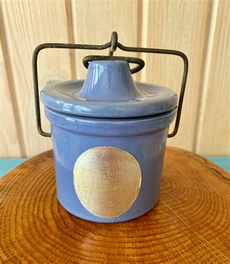 Vintage Blue Stoneware Buttercheese Crock With Locking Wire Bail Lid