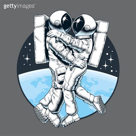 Spaceman And Spacewoman In Love Astronauts Couple Hugging And Dancing