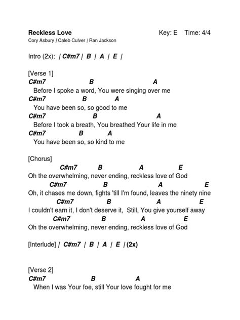 Reckless Love Chart Key Of E Pdf Song Structure Pop Songs