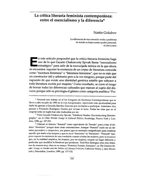 Pdf La Crítica Literaria Feminista Contemporánea Entre El Esencialismo Y La Diferencia