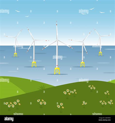 Wind Farm Offshore Seascape With Offshore Wind Generators Flat Vector Illustration Stock