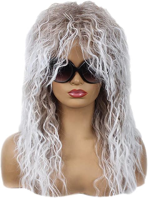 S Mullet Wig Silver Grey Curly Wig Halloween Costume Rocker Punk