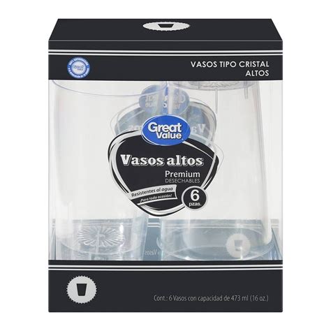 Vasos Desechables Great Value Premium Altos Tipo Cristal Pzas