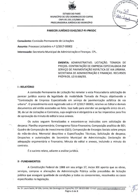 Parecer Jur Dico Minuta Prefeitura Municipal De S O Domingos Do Capim