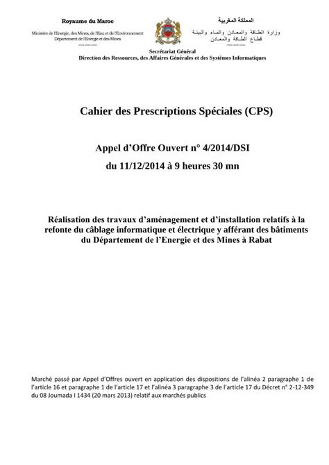 Pdf Cahier Des Prescriptions Sp Ciales Cps Mem Gov Ma