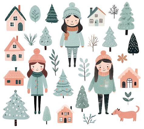 Premium Vector Scandi Christmas Elements Cute Girl Trees Houses Set