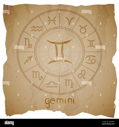 Vector Illustration With Hand Drawn Zodiac Sign Gemini On A Grunge Old