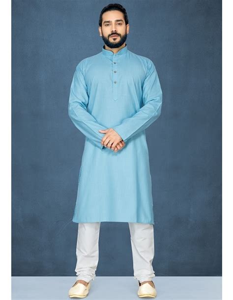 Sky Blue Cotton Kurta Set Mens Pajamas Long Shirt Men Fashion