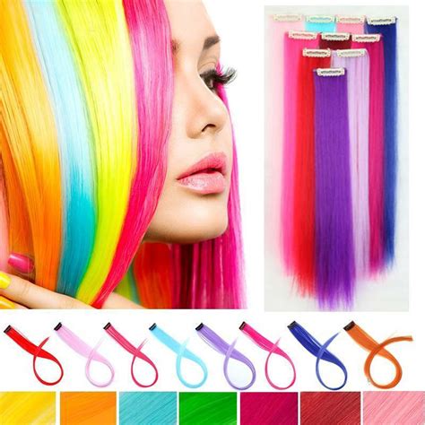 10 PCS Colored Hair Streaks One Clip On Hair Extension Highlight Strips ...