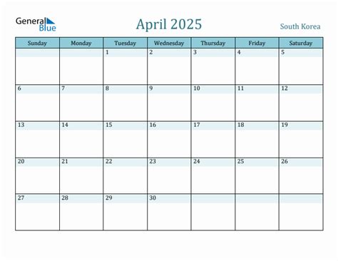 April 2025 Monthly Calendar with South Korea Holidays